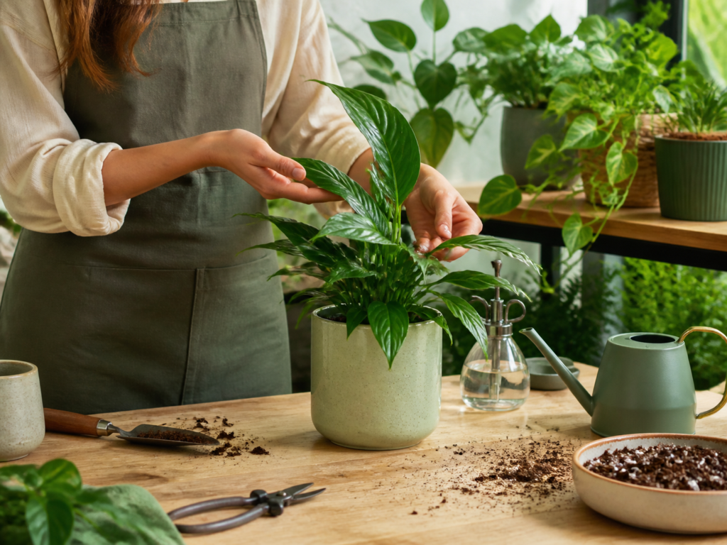 Pessoa cuidando de uma planta saudável em uma bancada com ferramentas de jardinagem.