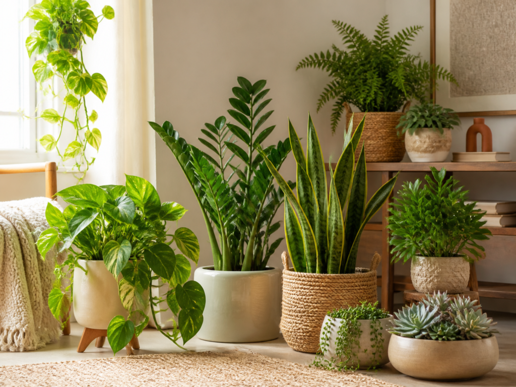 Coleção de plantas fáceis de cuidar em vasos, iluminada por luz natural.