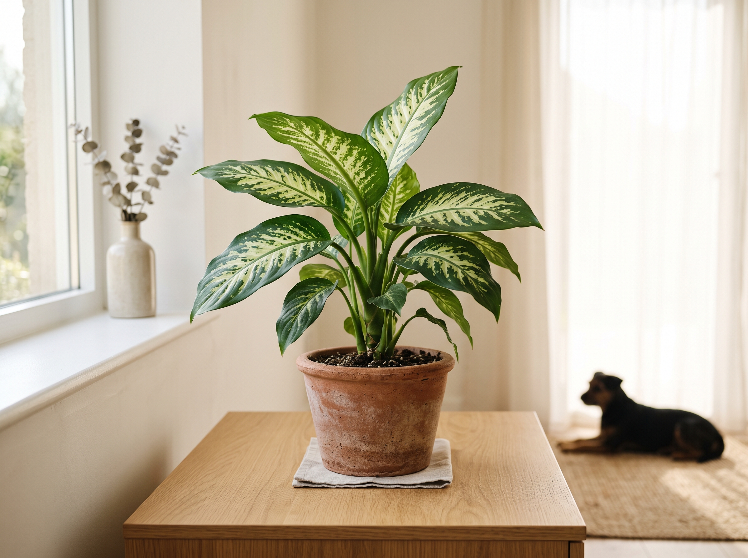 Planta em vaso de terracota perto de janela com cachorro ao fundo, ilustrando cuidado com plantas tóxicas para pets