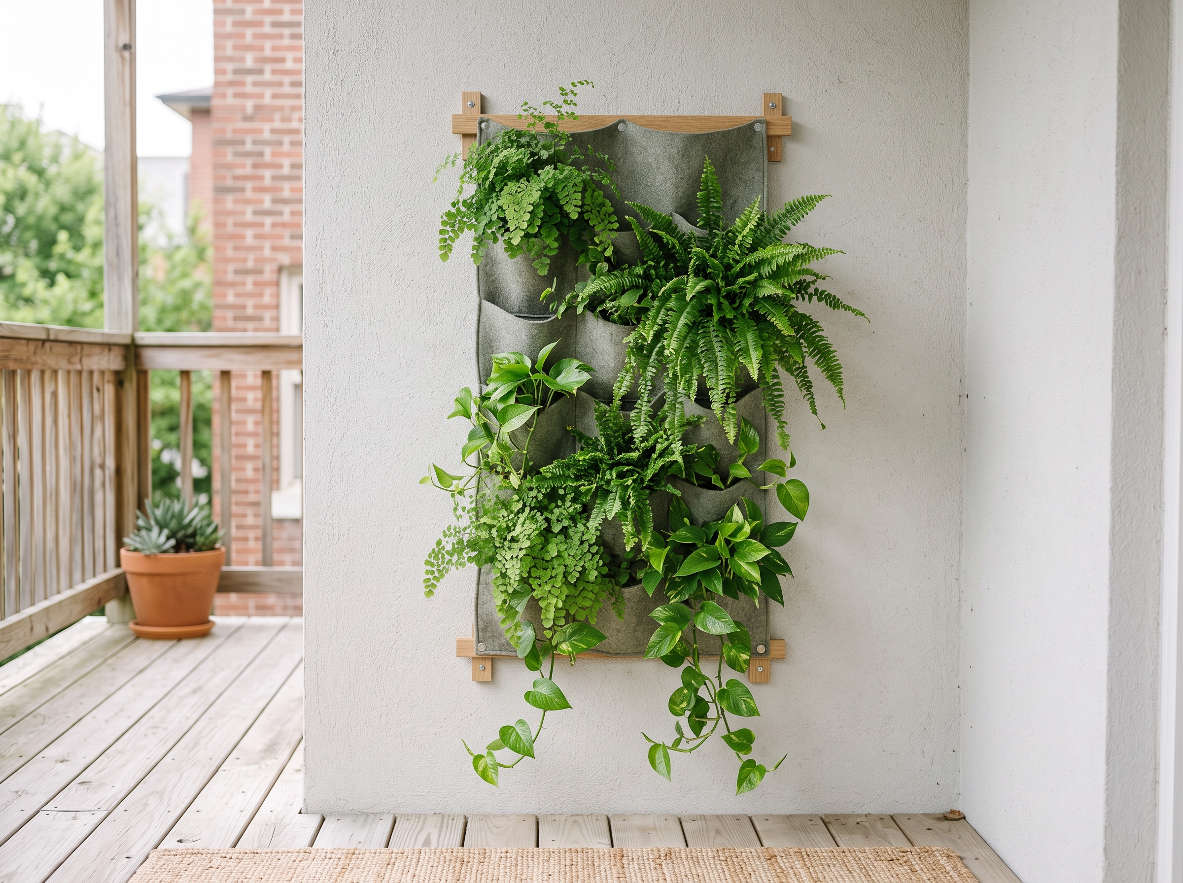 Painel de jardim vertical com samambaias e trepadeiras em varanda de apartamento