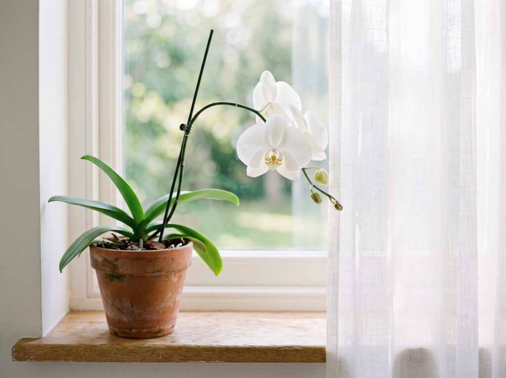 Vaso de orquíde Phalaenopsis florida em ambiente iluminado com luz indireta
