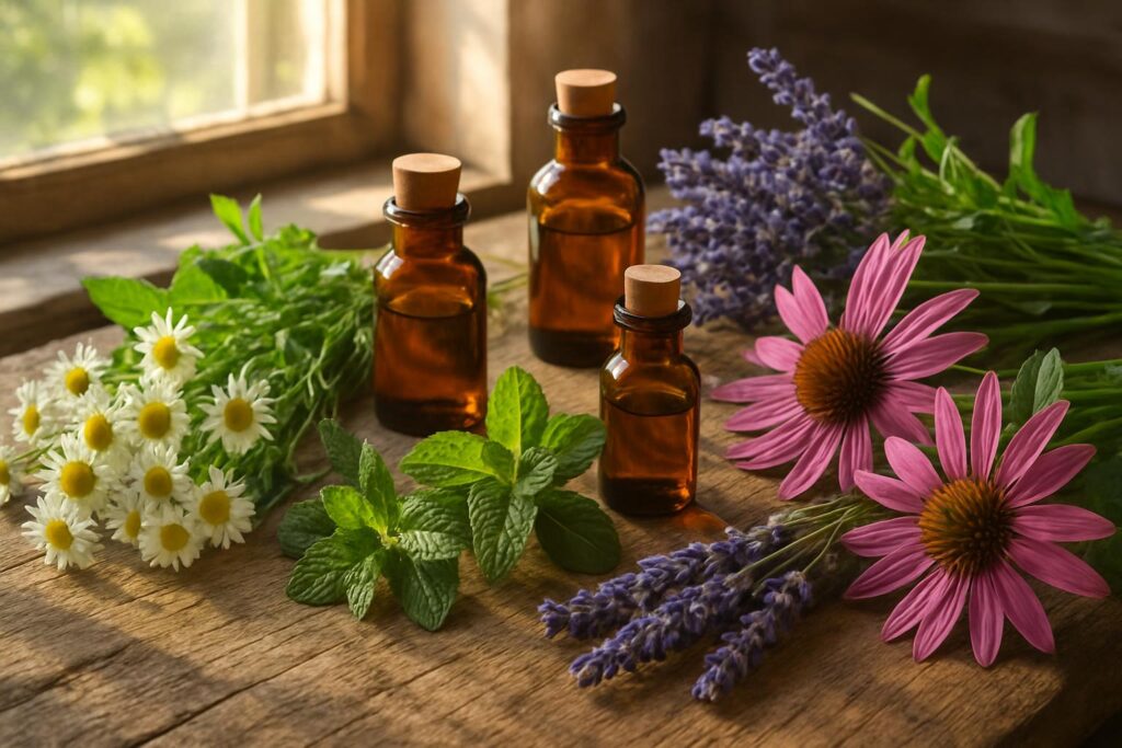 Frascos de vidro âmbar entre flores e folhas sobre uma mesa