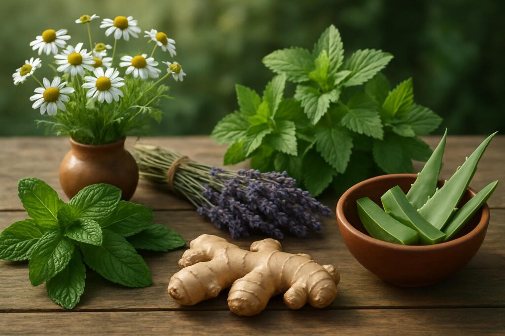 Composição de folhas, flores e raízes sobre uma mesa de madeira