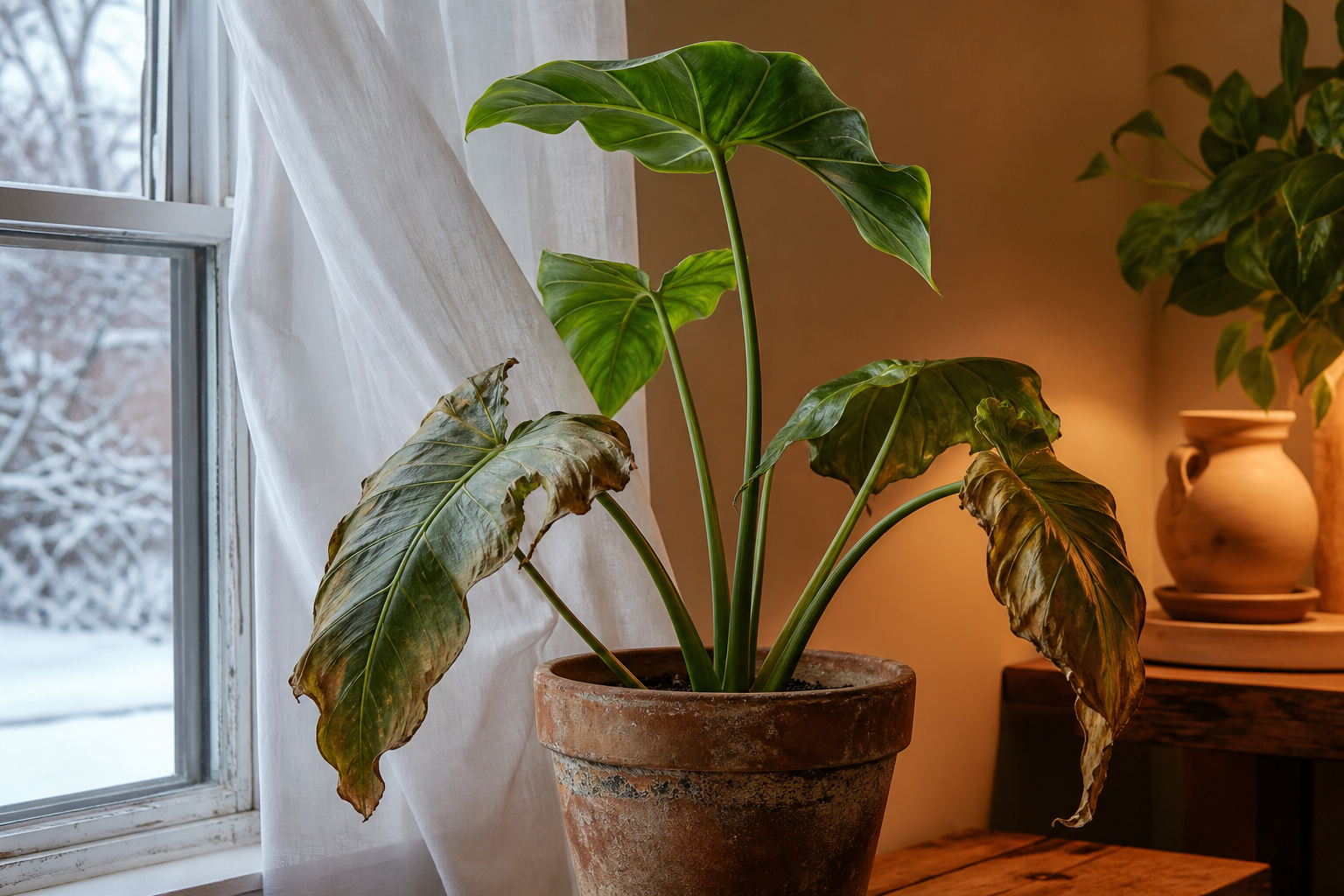 Planta exposta a corrente fria da janela e ao ar quente do ambiente