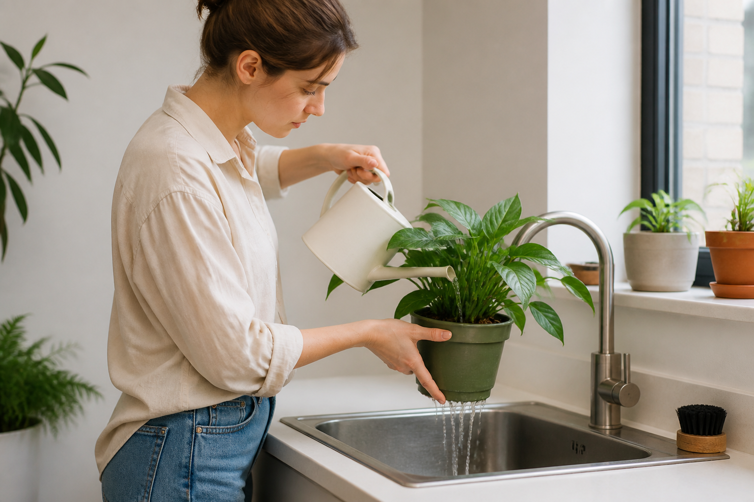 Pessoa regando planta na pia até a água sair livremente pelos furos do vaso