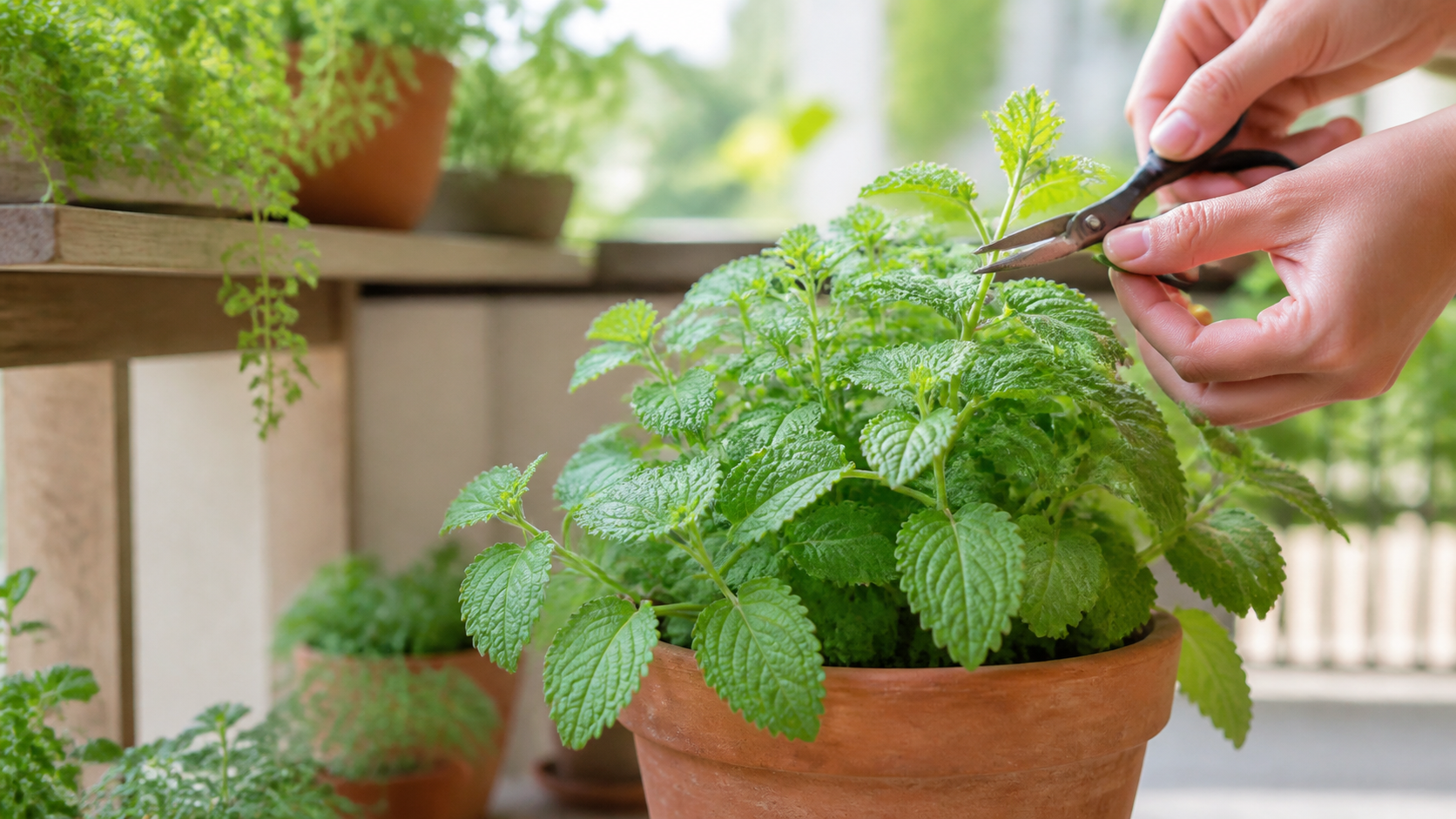 Melissa officinalis saudável sendo podada em vaso de terracota