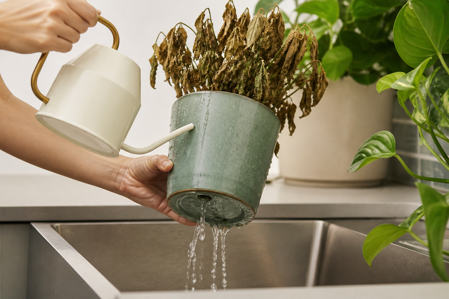 Rega completa de substrato seco com drenagem da água pelo fundo do vaso