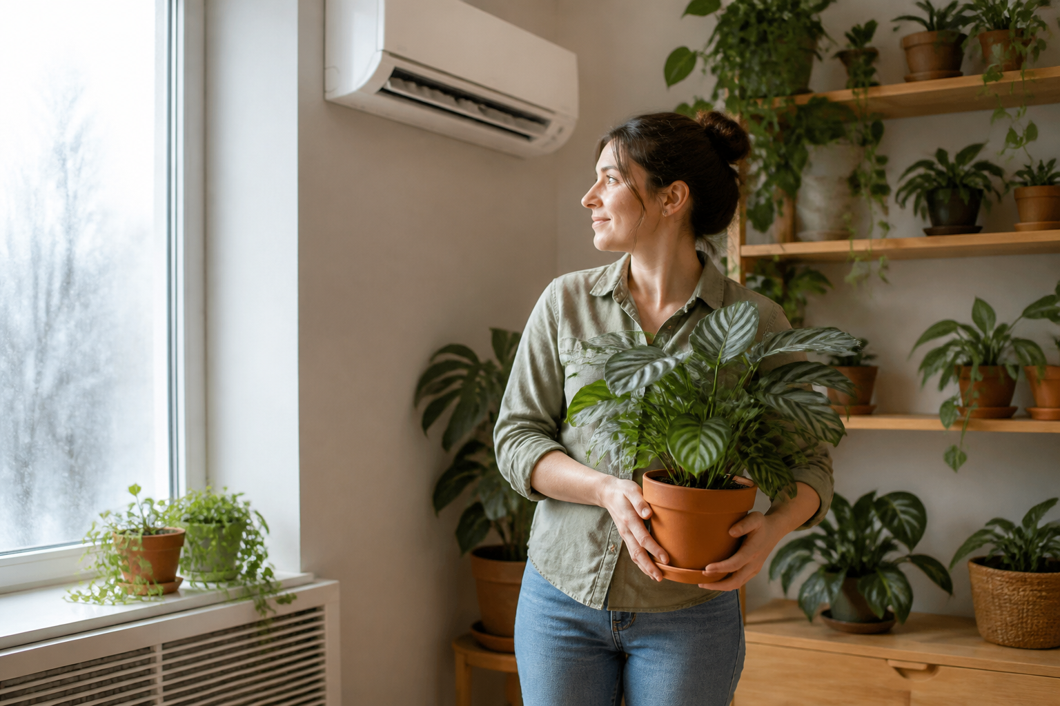 Pessoa afastando uma planta da janela fria e do fluxo do ar-condicionado