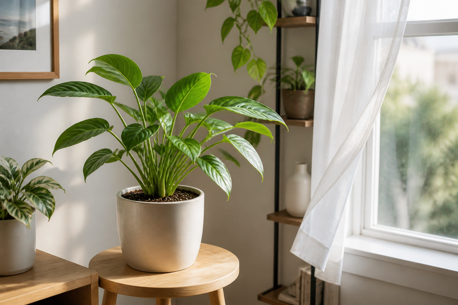 Planta saudável posicionada perto de janela clara com espaço para circulação de ar