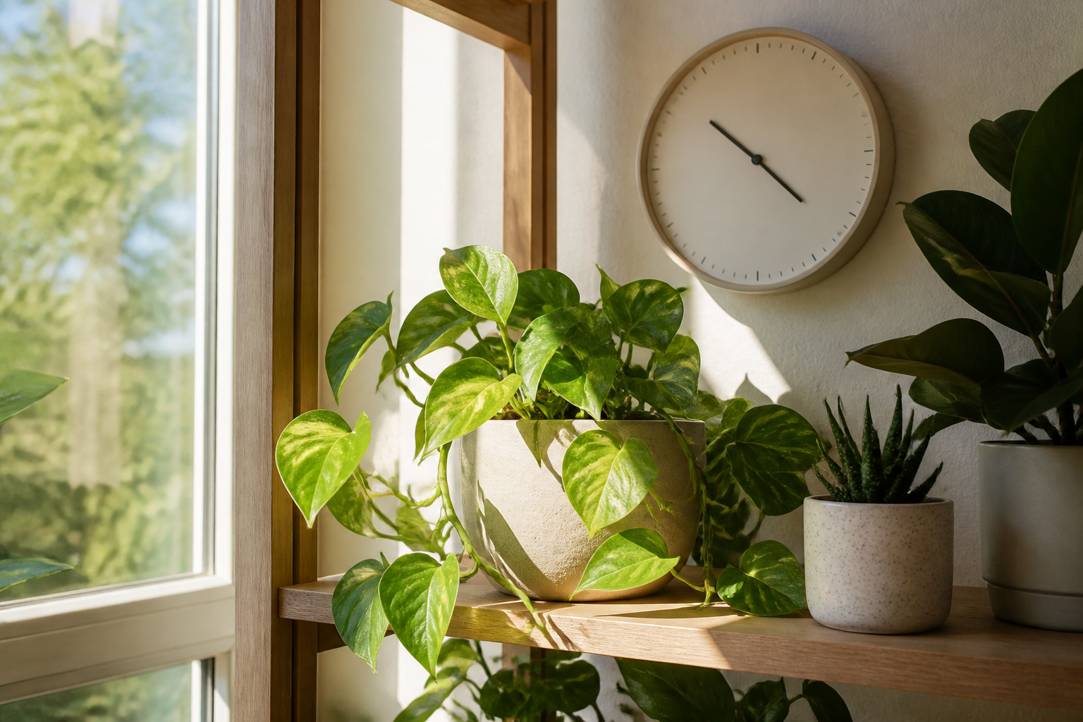 Plantas em uma prateleira mostrando a incidência direta do sol perto da janela