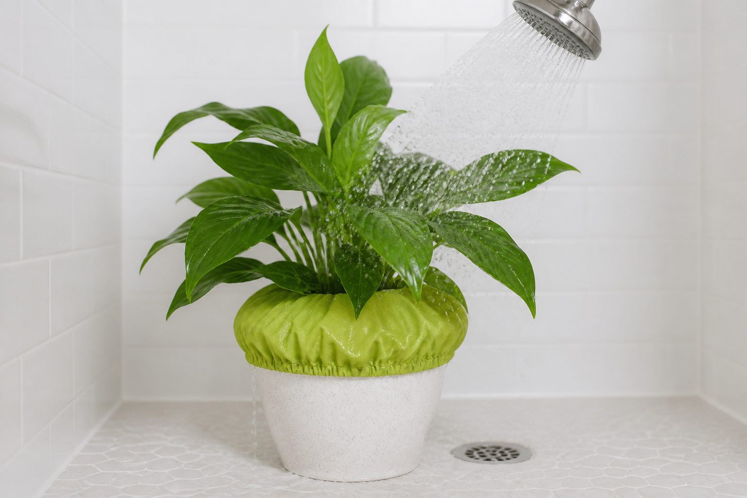 Planta de folhas lisas recebendo ducha suave com o substrato protegido por cobertura reutilizável