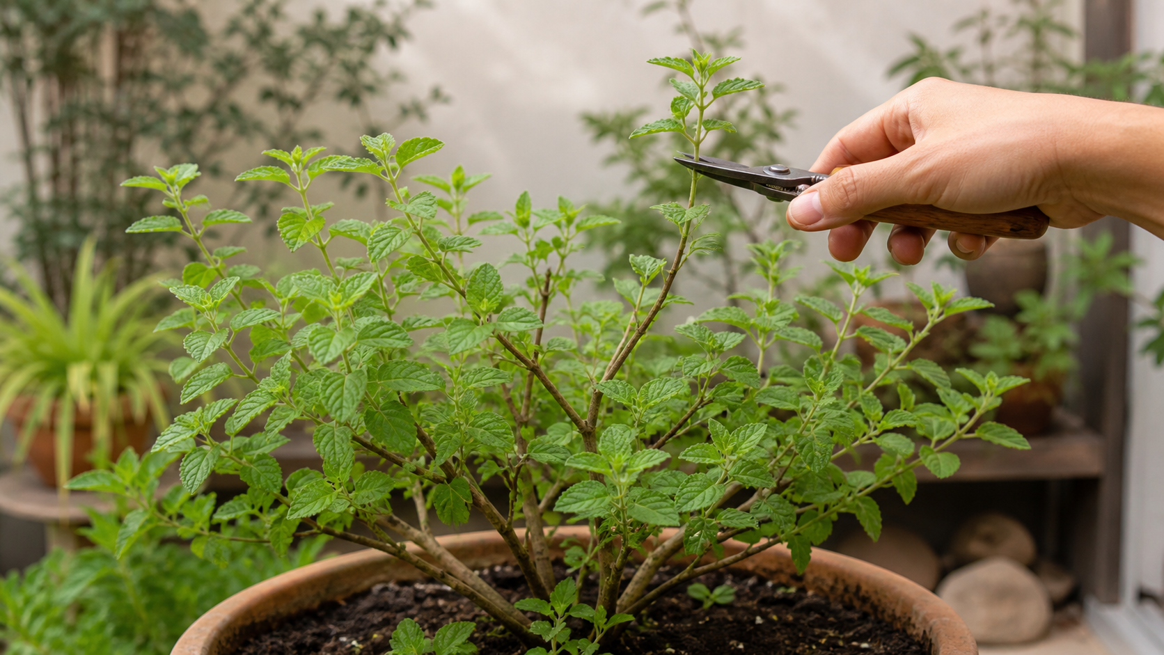 Erva-cidreira-brasileira Lippia alba recebendo poda leve acima de um nó