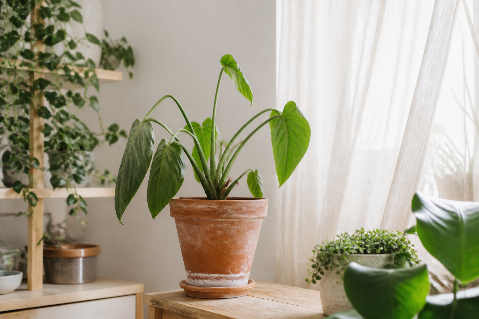 Planta murcha em local protegido com luz indireta filtrada