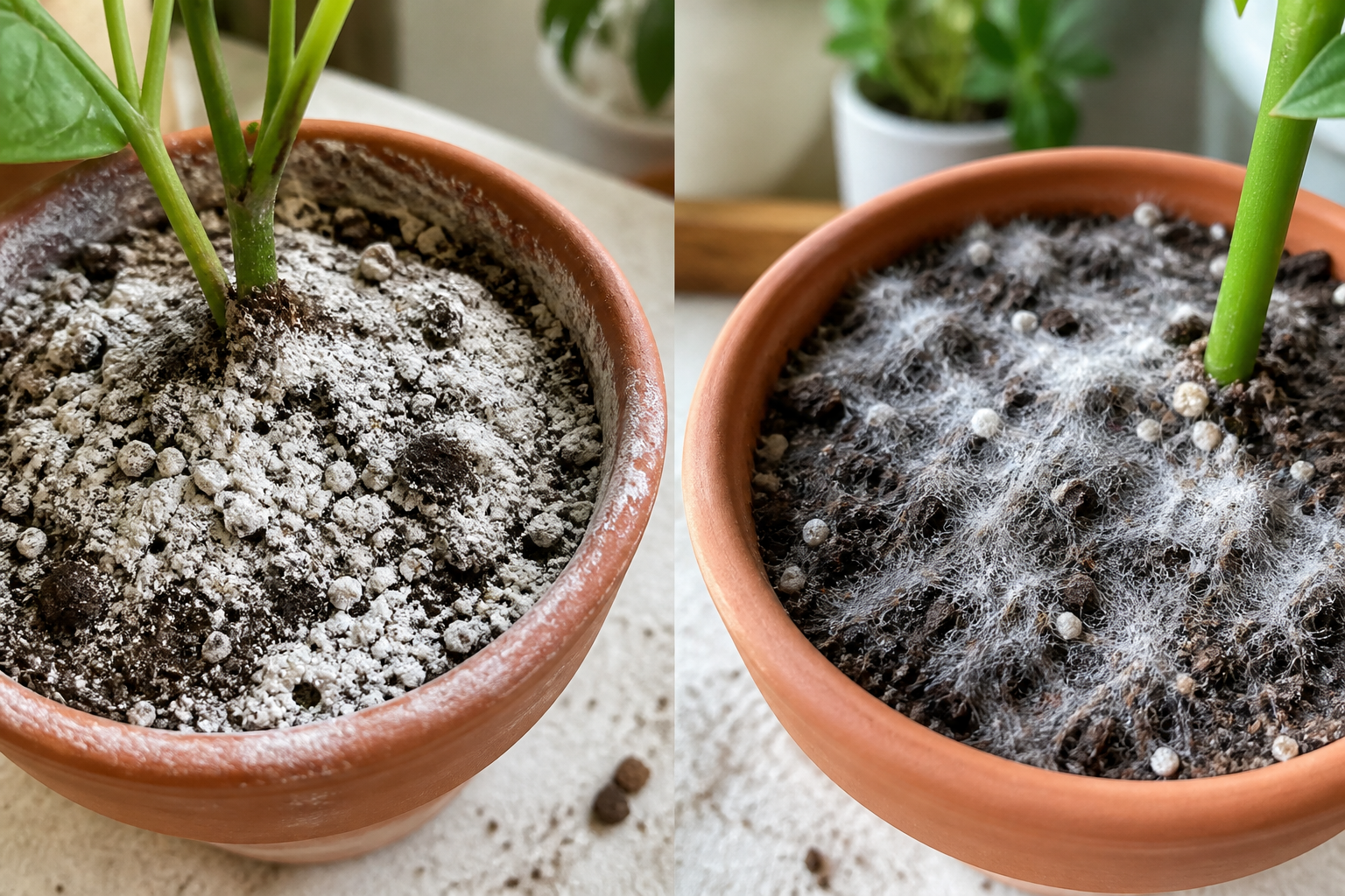 Comparação entre crosta mineral seca e mofo branco felpudo em substratos