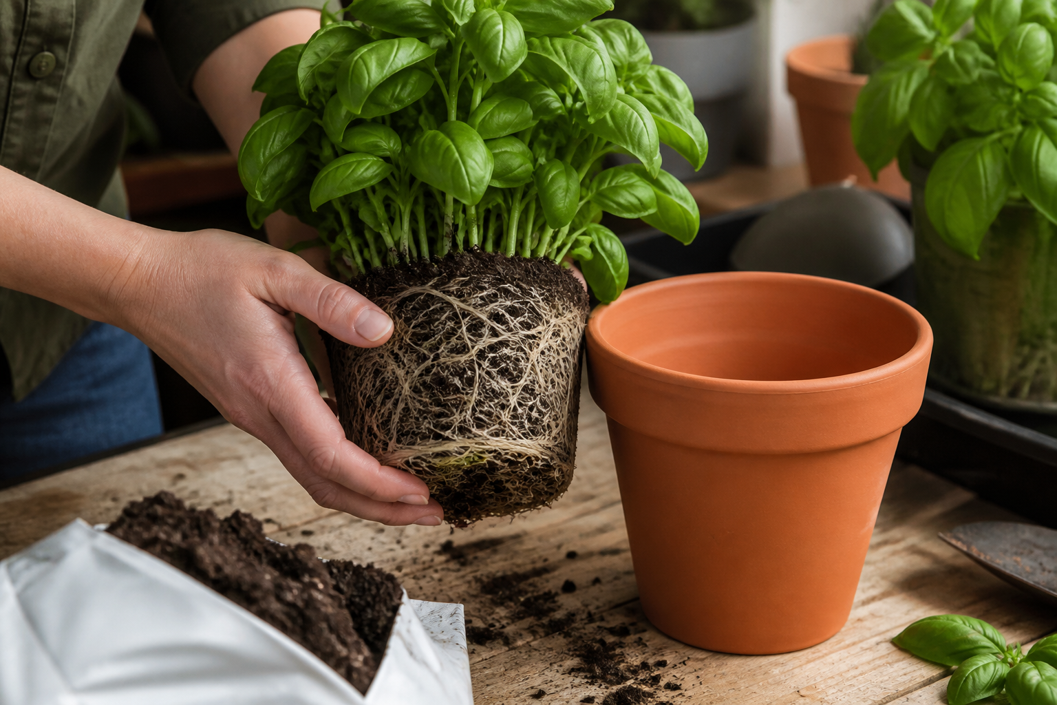 Pessoa transplantando um manjericão com raízes compactas para um vaso de terracota ligeiramente maior
