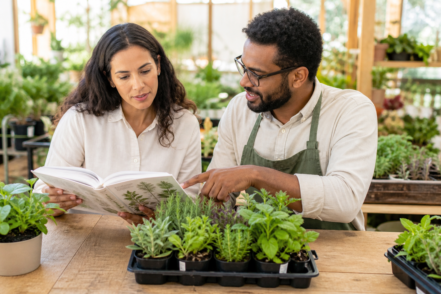 Pessoa conferindo um guia de identificação de plantas com profissional de horticultura em um viveiro