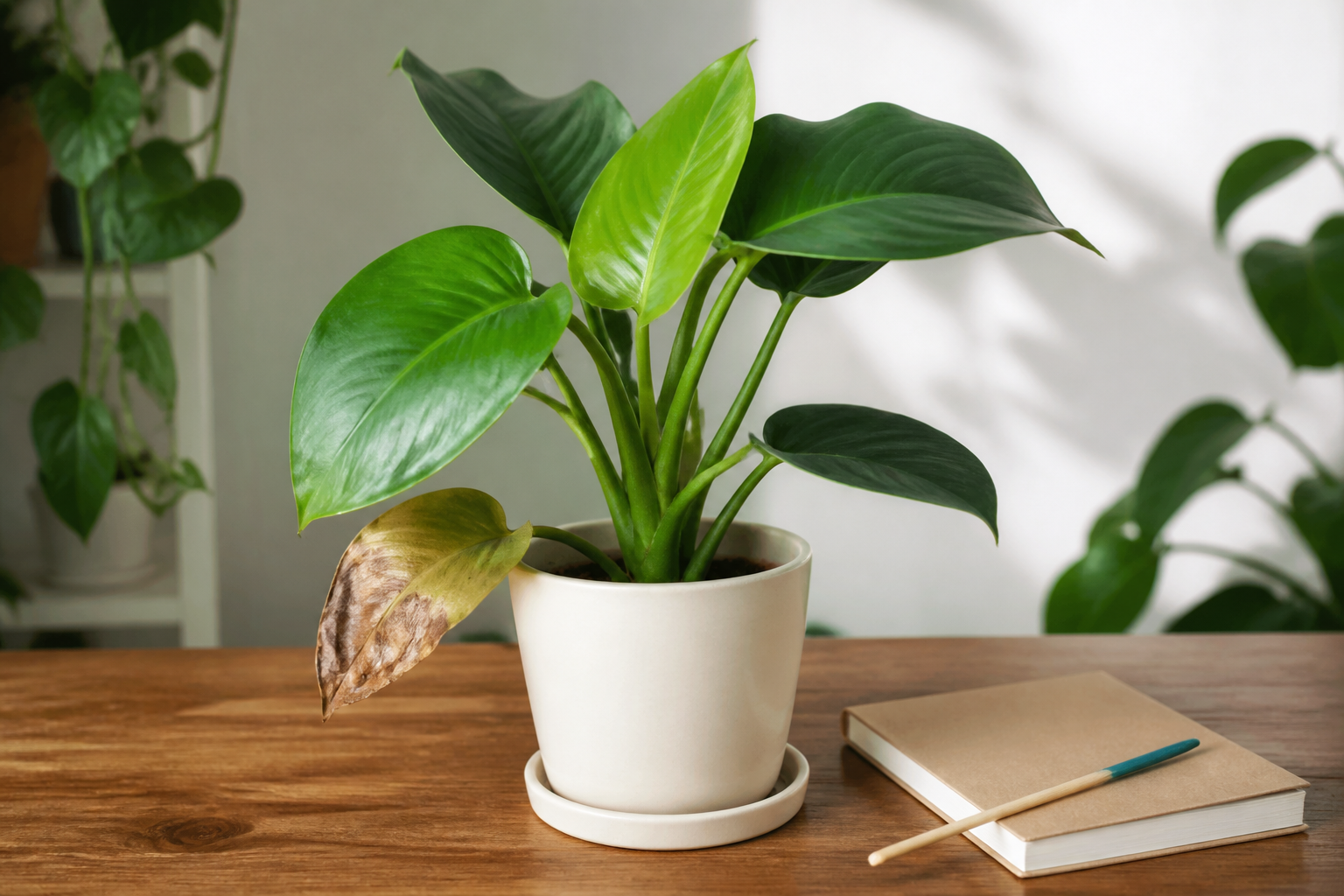 Planta recuperada com folhas novas ao lado de um caderno de acompanhamento