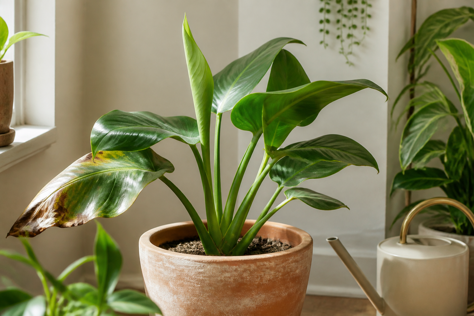 Planta de interior recuperando crescimento novo após choque térmico