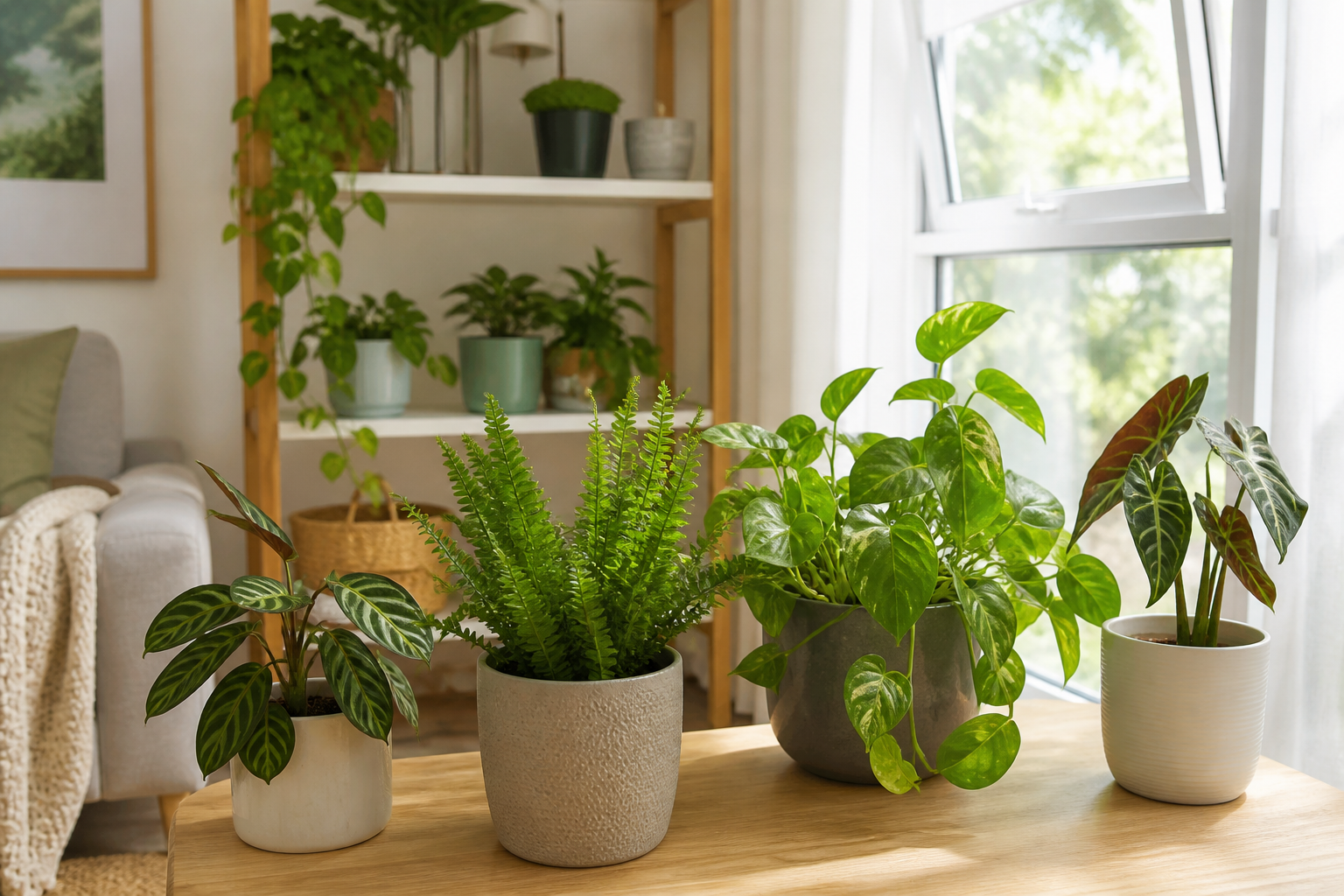 Plantas de interior recém-limpas com espaço entre as folhas secando perto de janela com luz indireta