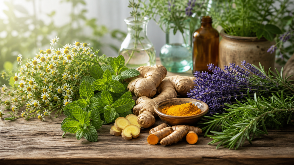 Coleção de camomila, hortelã, gengibre, cúrcuma, lavanda e alecrim em mesa botânica