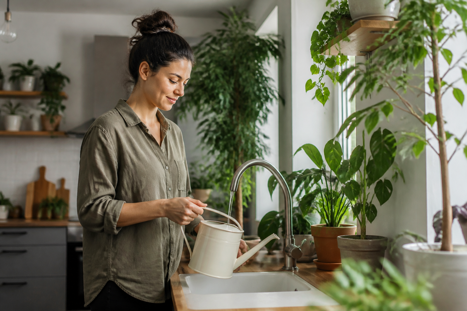 Pessoa enchendo regador limpo com água em temperatura ambiente ao lado de plantas saudáveis