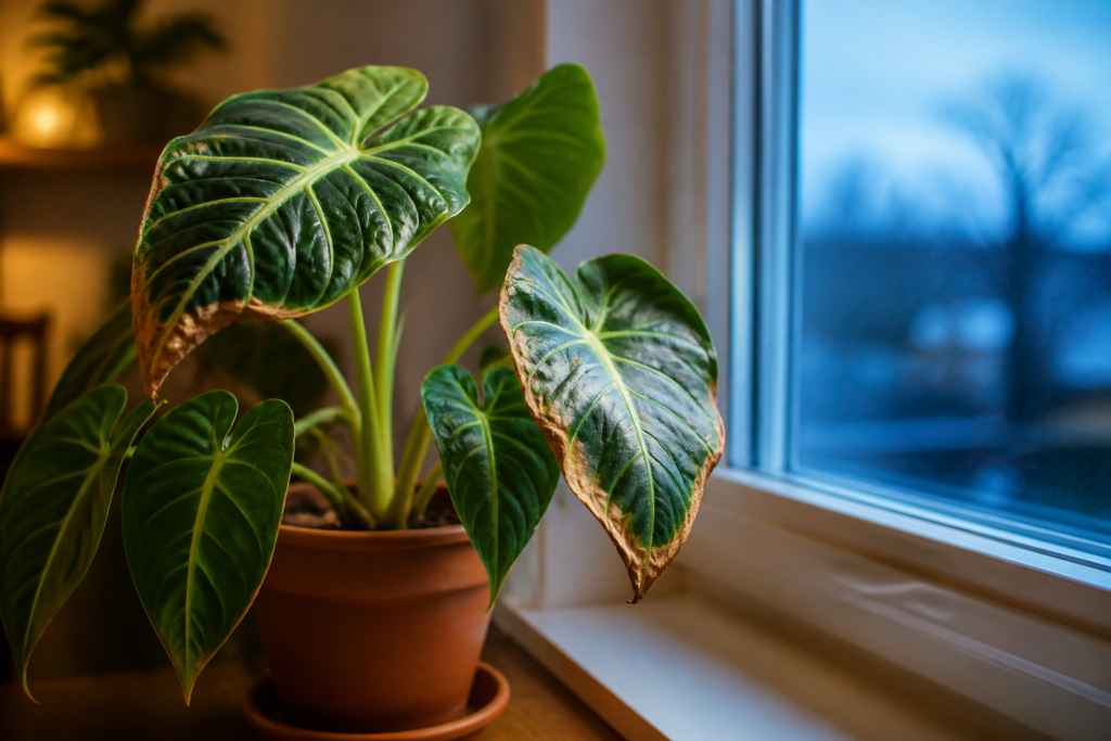 Planta de interior com bordas foliares danificadas próxima a uma janela fria