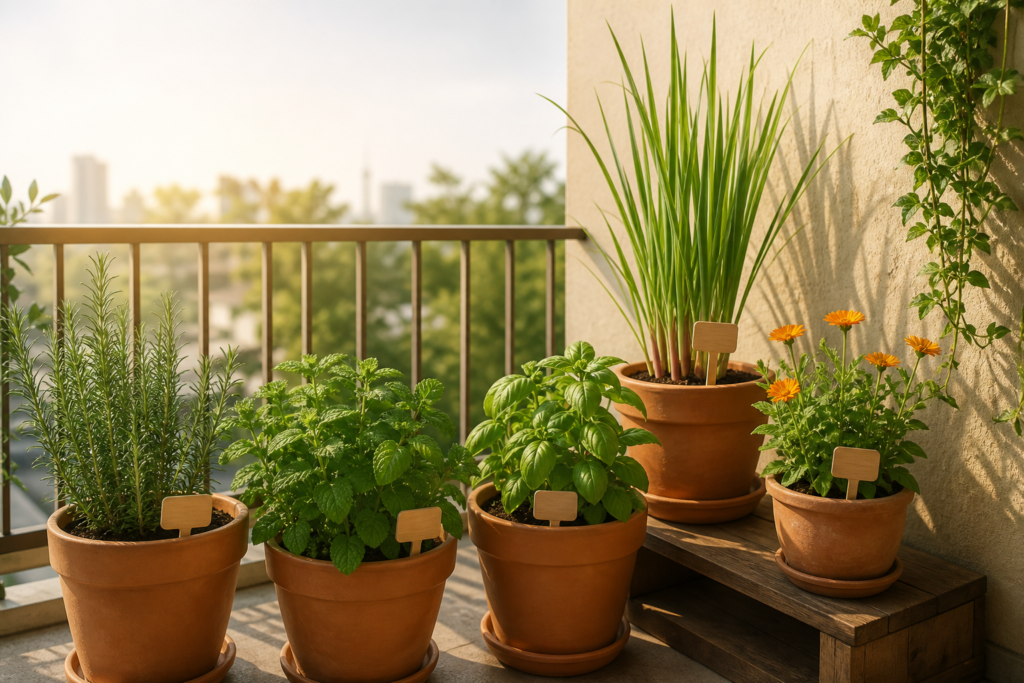 Horta organizada de plantas aromáticas e medicinais em vasos identificados numa varanda ensolarada
