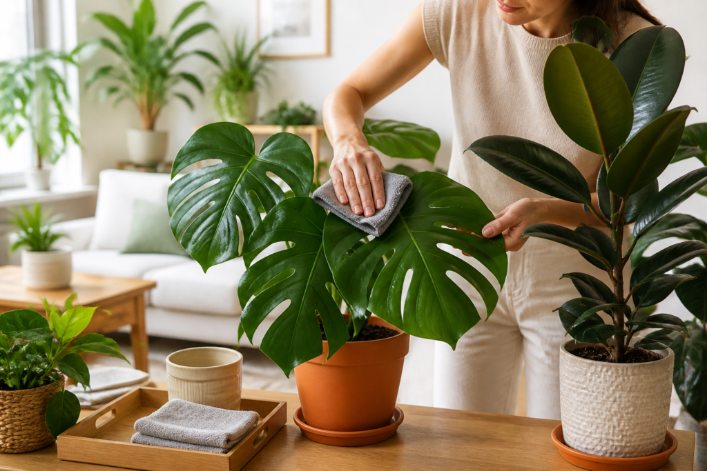 Pessoa limpando folhas largas de monstera e ficus-elástica com pano macio e úmido