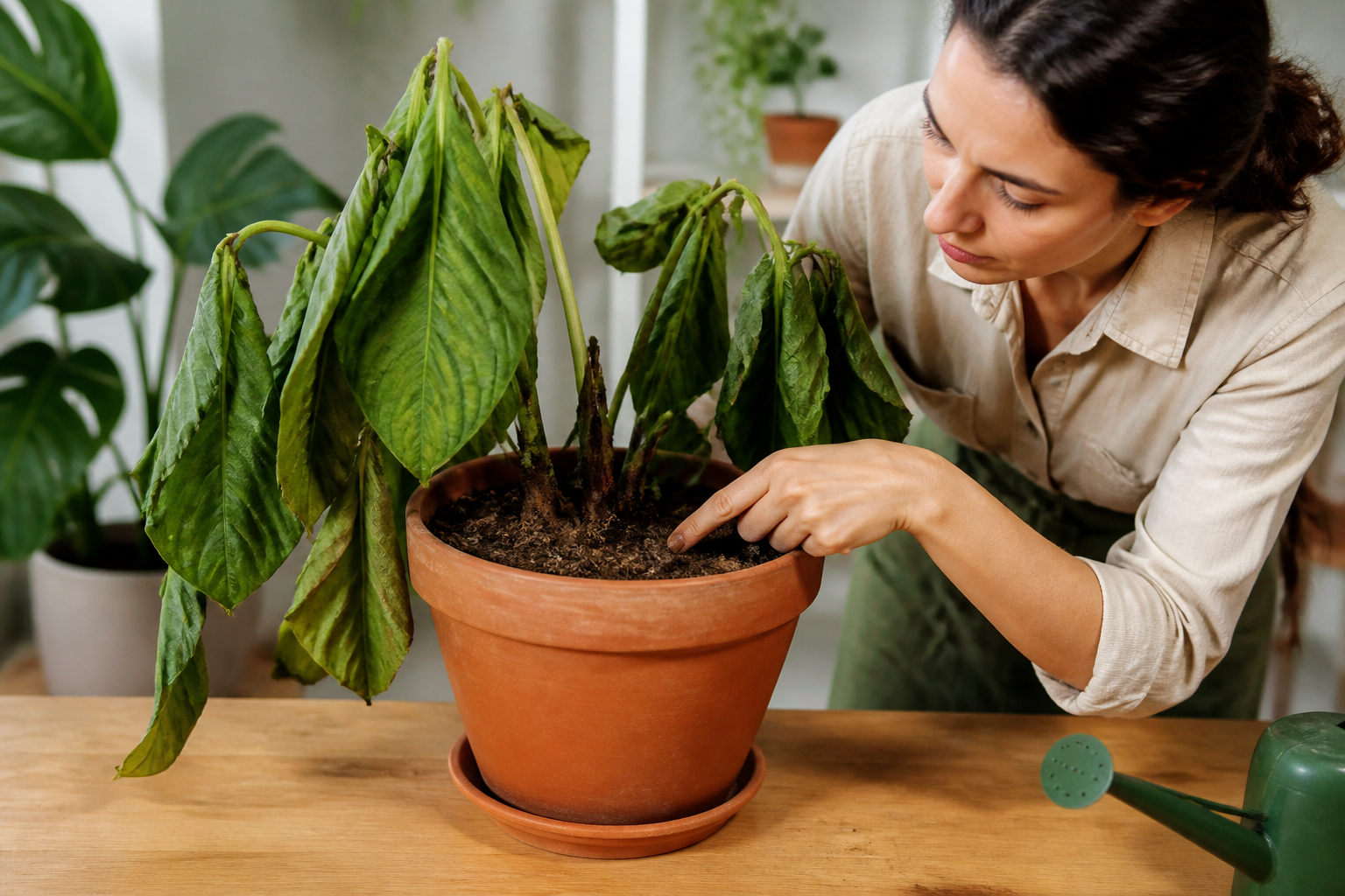 Pessoa examinando o substrato de uma planta de interior muito murcha