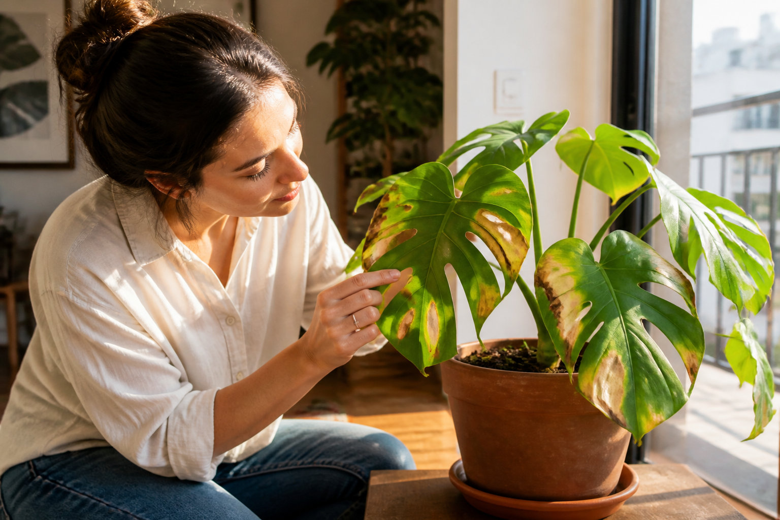 Pessoa examinando folhas de monstera com áreas claras e secas causadas pelo sol
