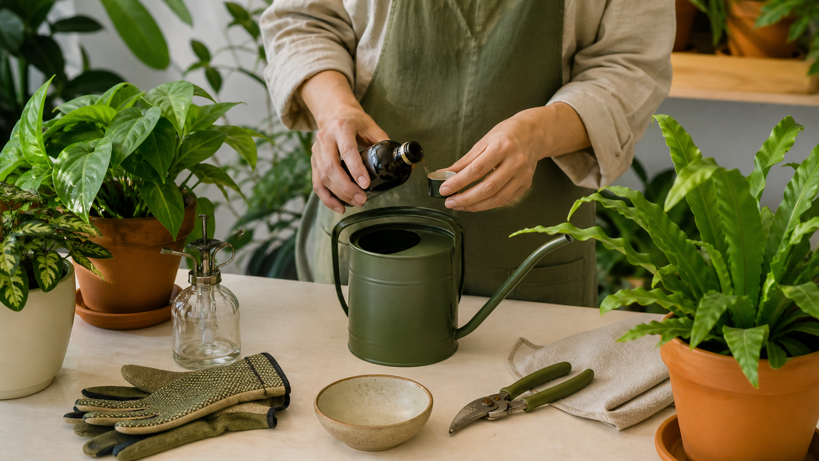 Pessoa medindo uma pequena dose de fertilizante para cuidar de plantas com responsabilidade.