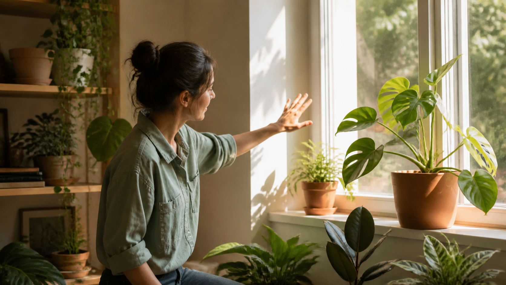 Pessoa avaliando a incidência de luz natural antes de posicionar plantas de interior.