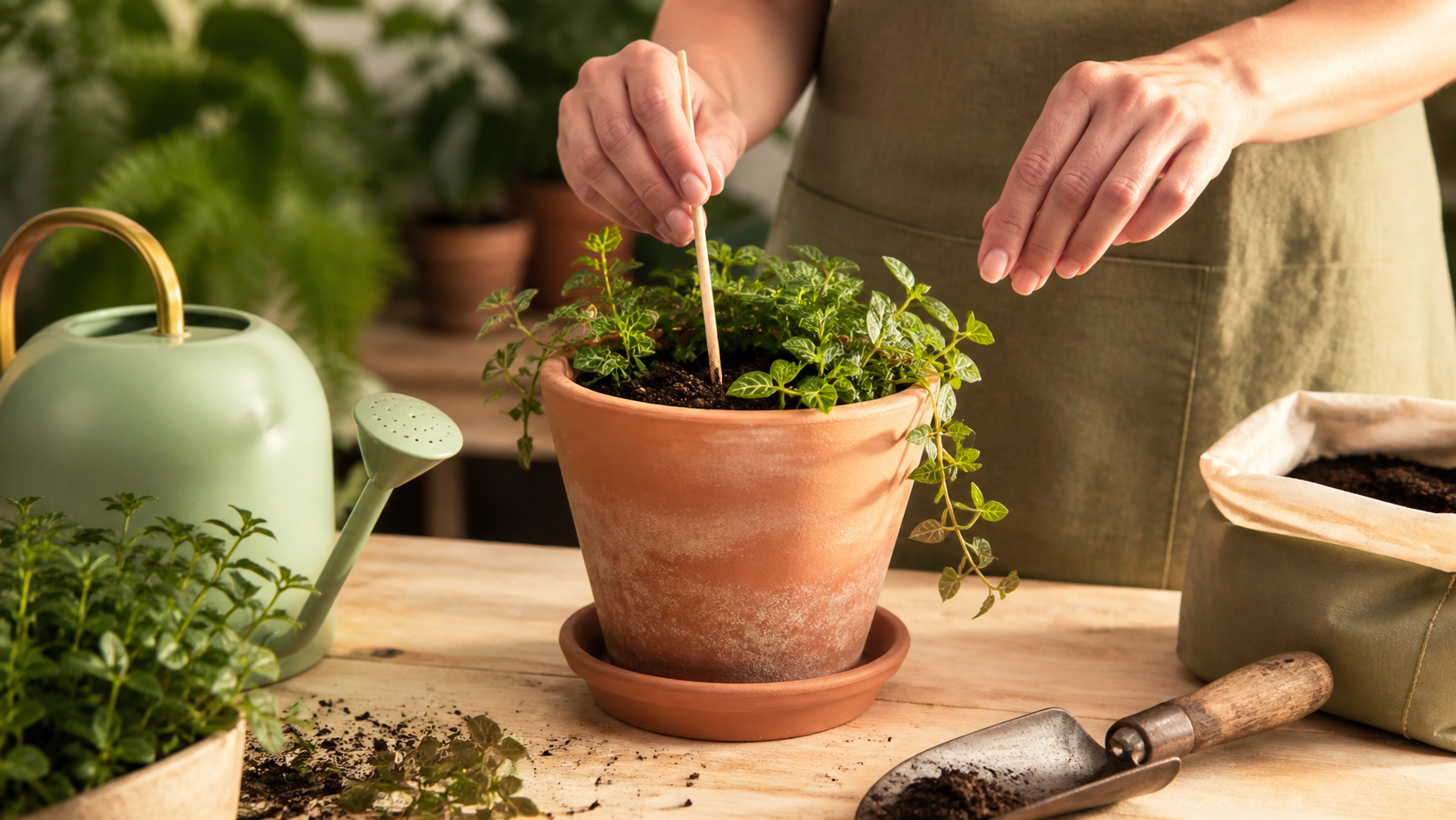 Teste da umidade do substrato em vaso de terracota com drenagem e regador próximo.