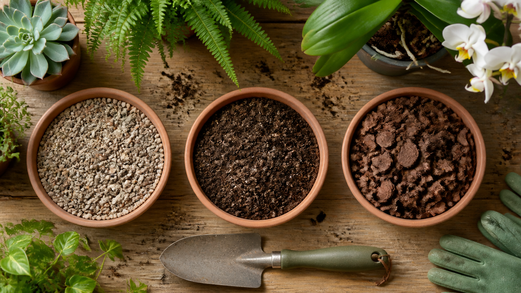 Misturas de substrato para suculentas, samambaias e orquídeas dispostas em recipientes separados.