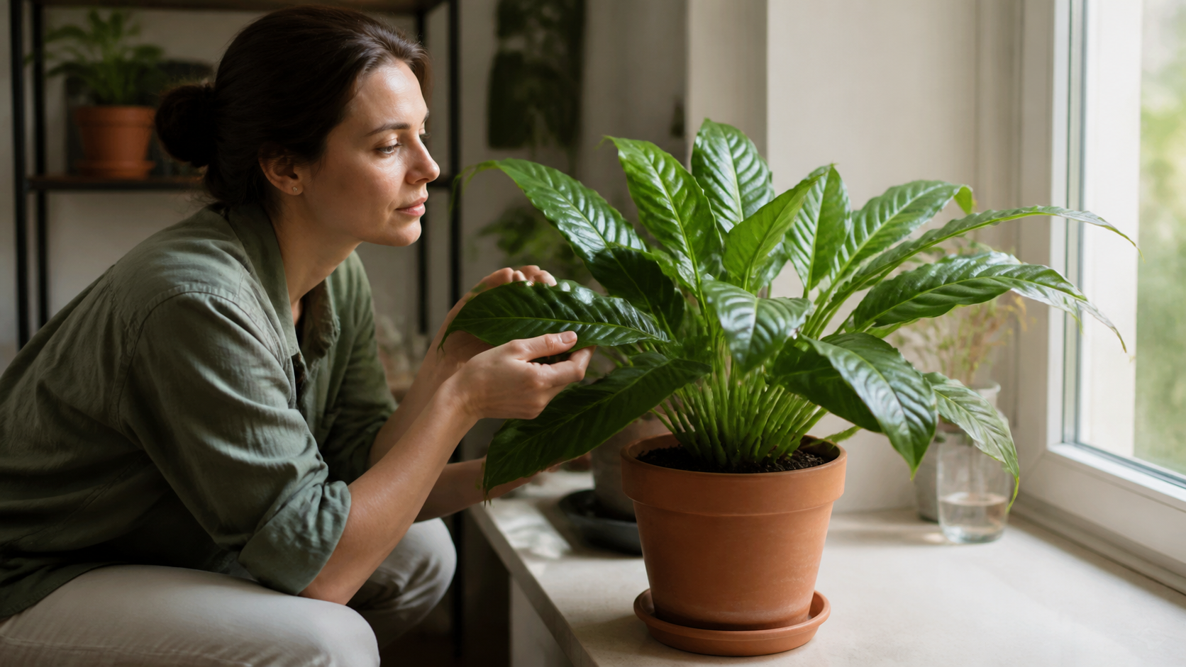 Pessoa observando folhas de uma planta junto à janela