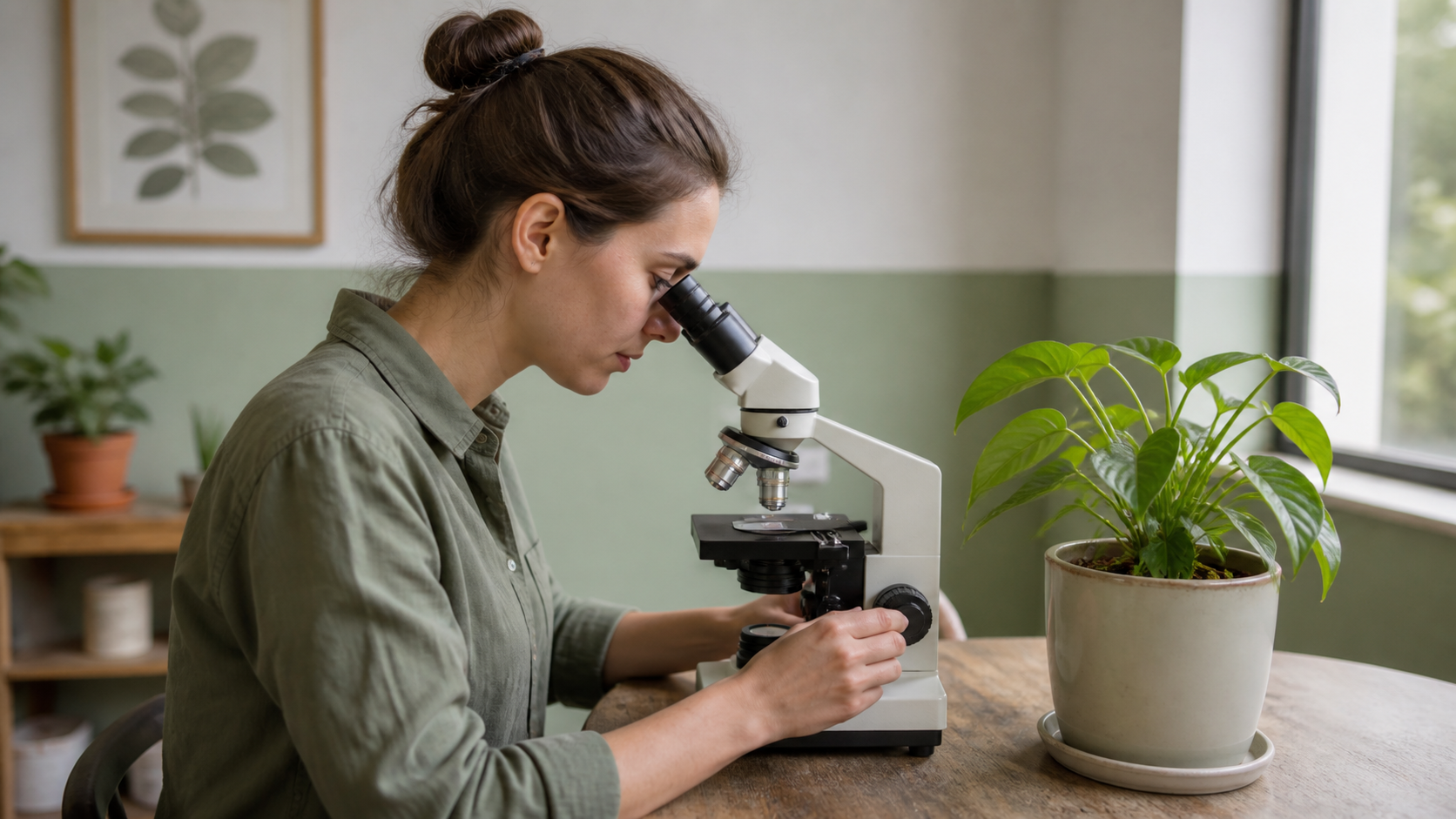 Pessoa observando uma lâmina em microscópio de bancada