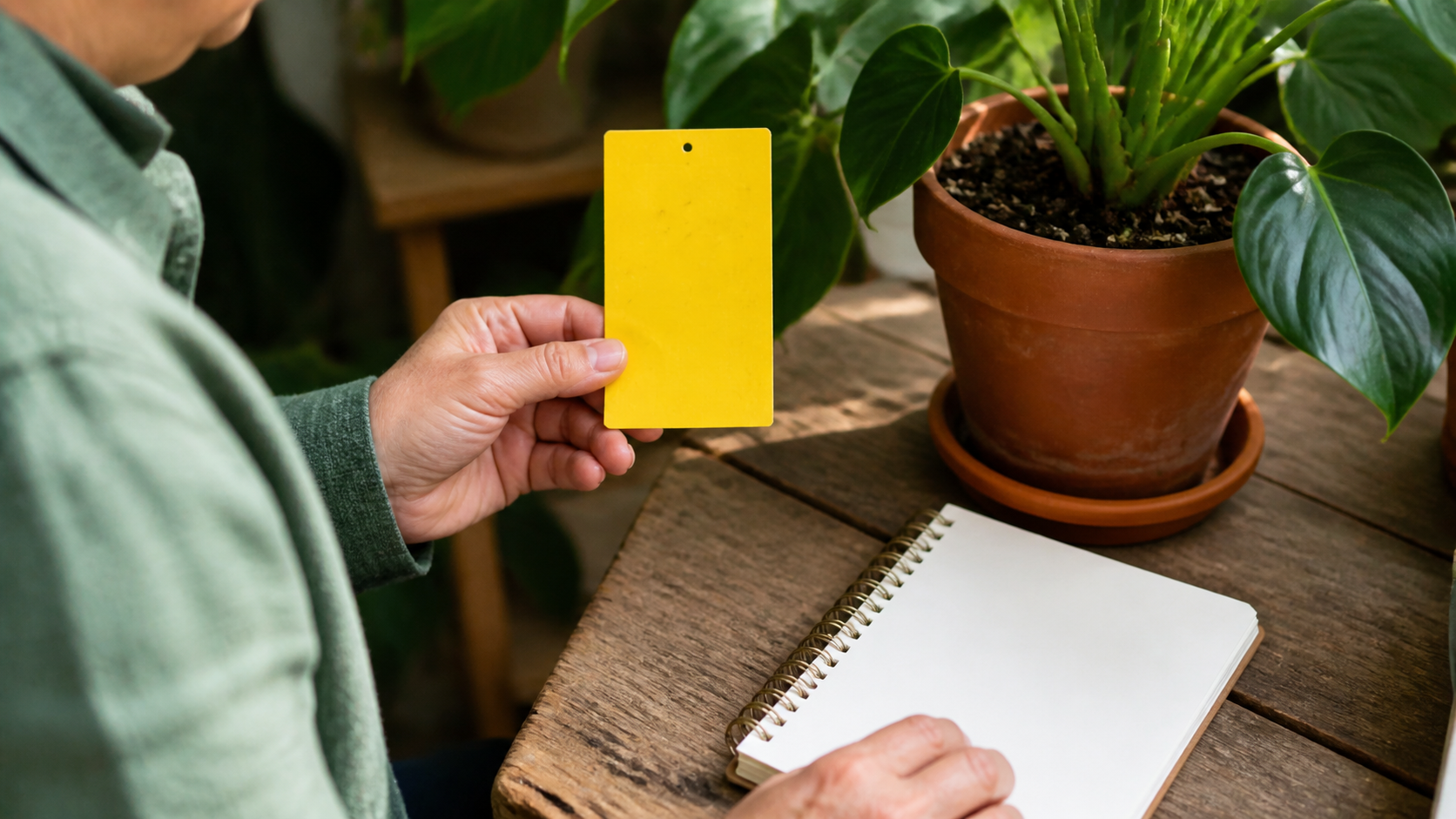 Cartão amarelo de monitoramento ao lado de um vaso e caderno
