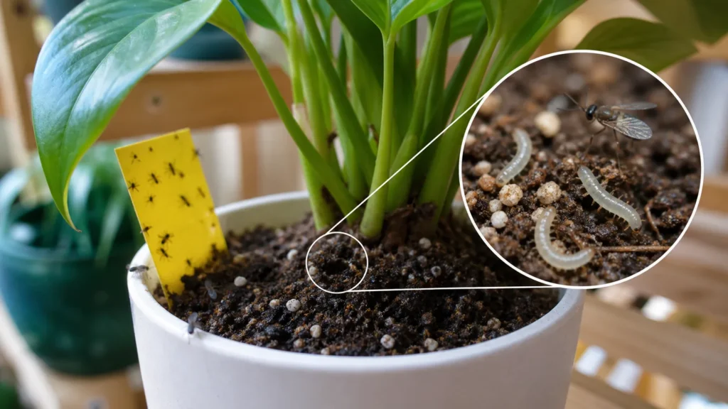 Vaso úmido com armadilha amarela e ampliação de adultos e larvas de fungus gnats
