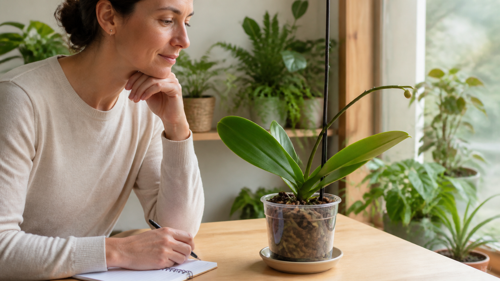 Observação de folhas e crescimento de uma orquídea