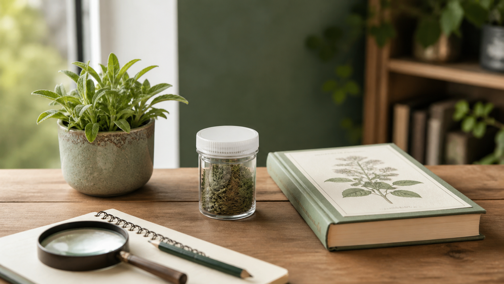 Planta, recipiente de amostra e livro dispostos separadamente