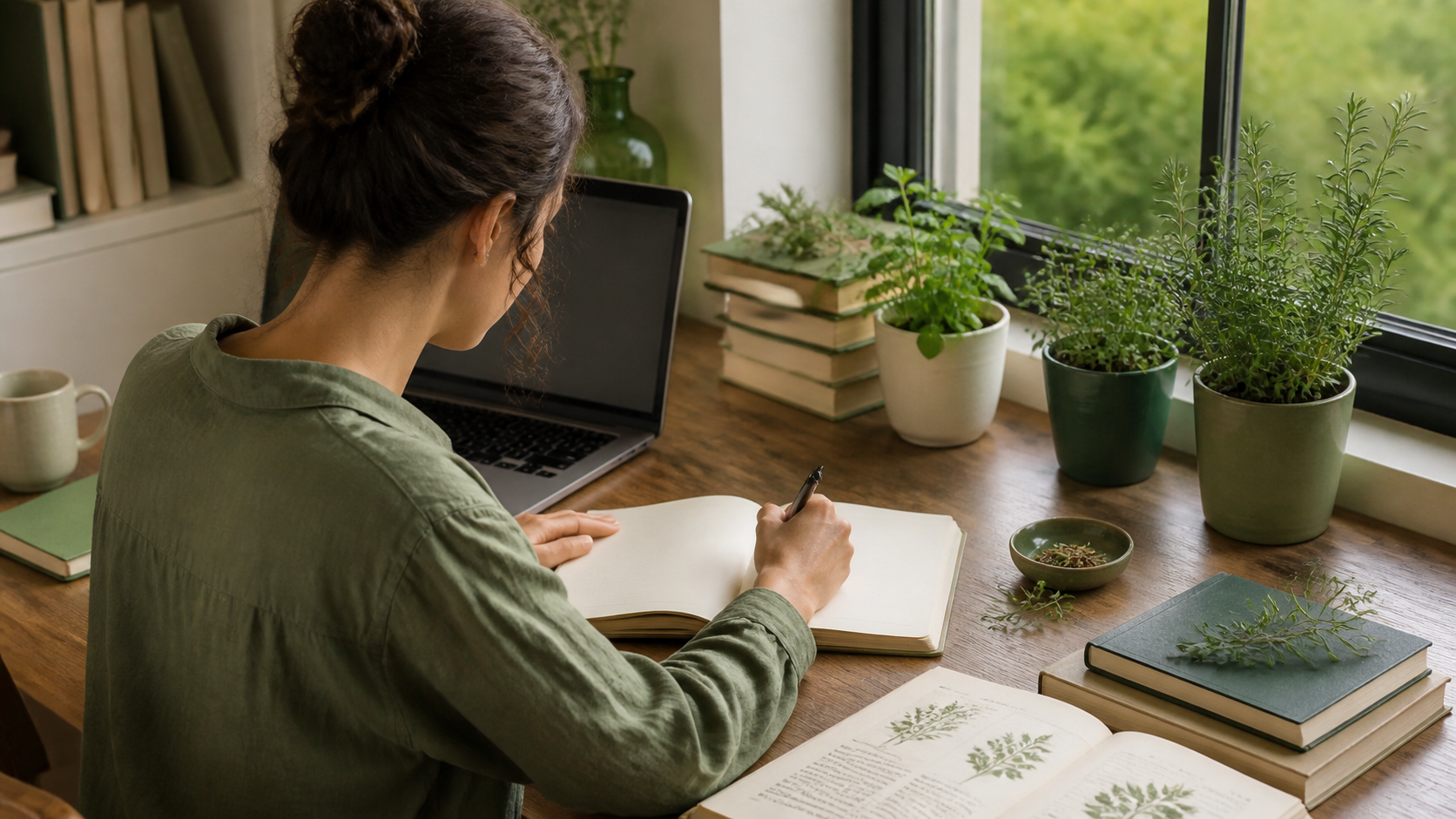Pessoa anotando uma pergunta de pesquisa junto a livros e plantas