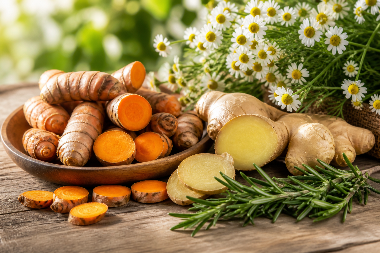 Composição ilustrativa de diferentes materiais vegetais sobre uma mesa