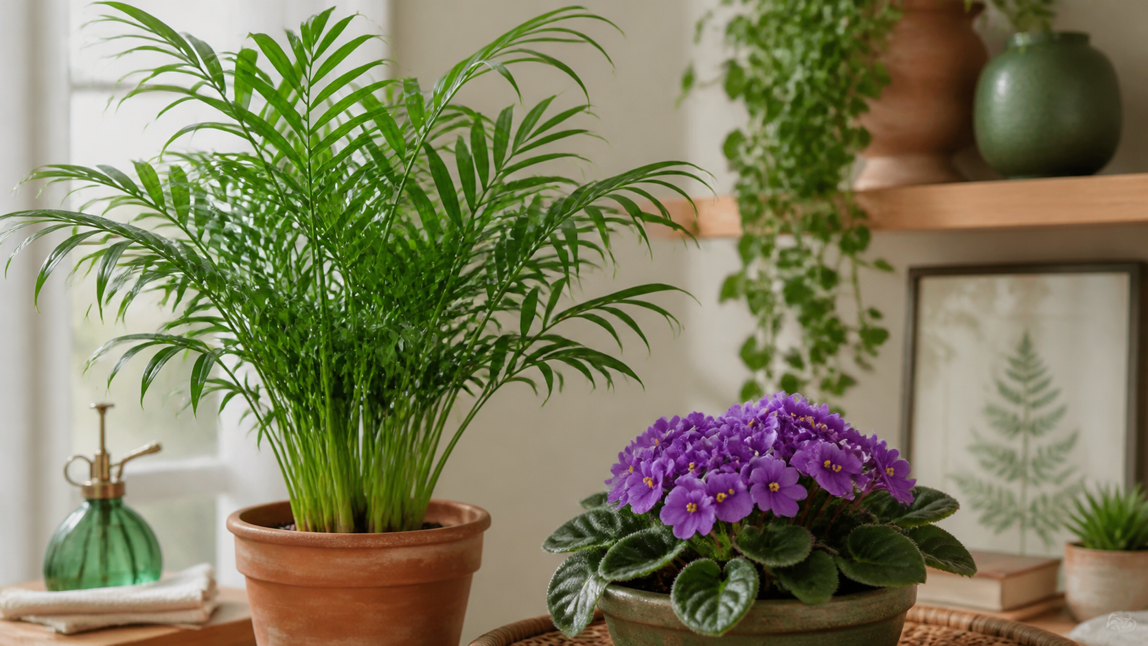 Palmeira-chamaedorea e violetas-africanas recebendo luz indireta em um ambiente interno.