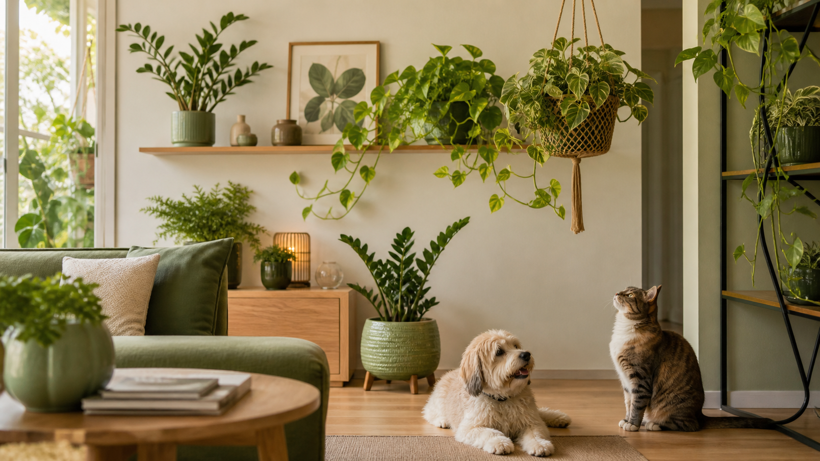 Plantas mantidas em prateleiras e vasos suspensos, fora do alcance de um gato e um cão.