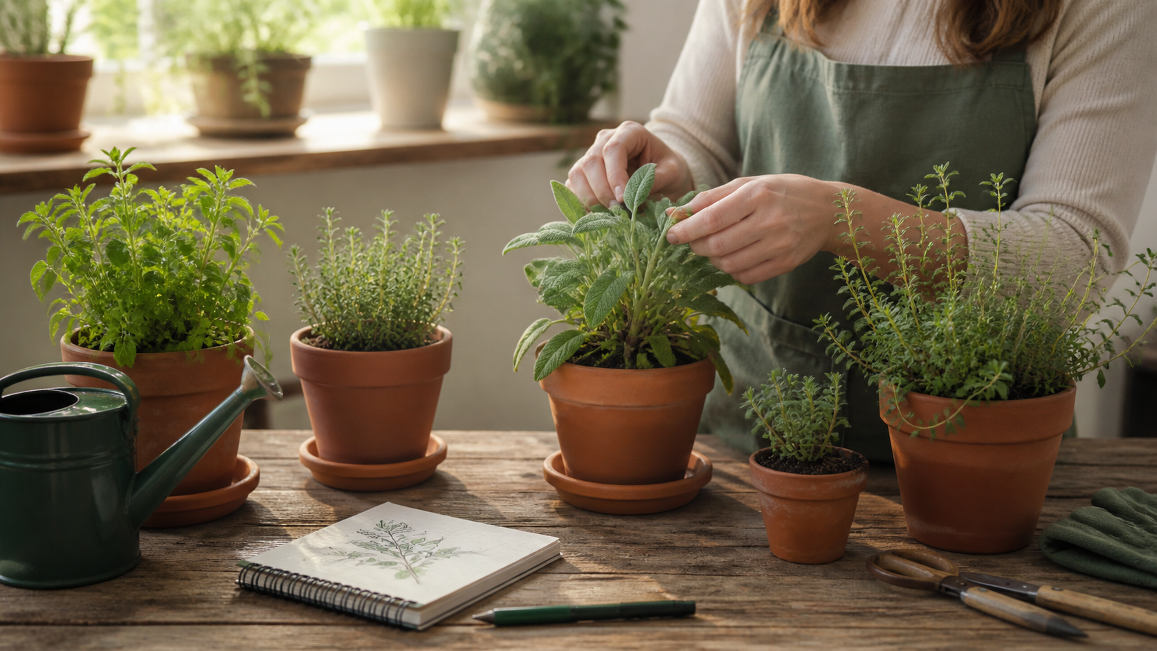 Cuidados com ervas em vasos de terracota e caderno de jardinagem