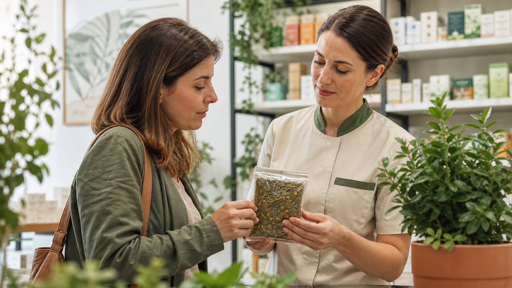 Conversa ilustrativa entre uma adulta e uma profissional sobre um produto vegetal