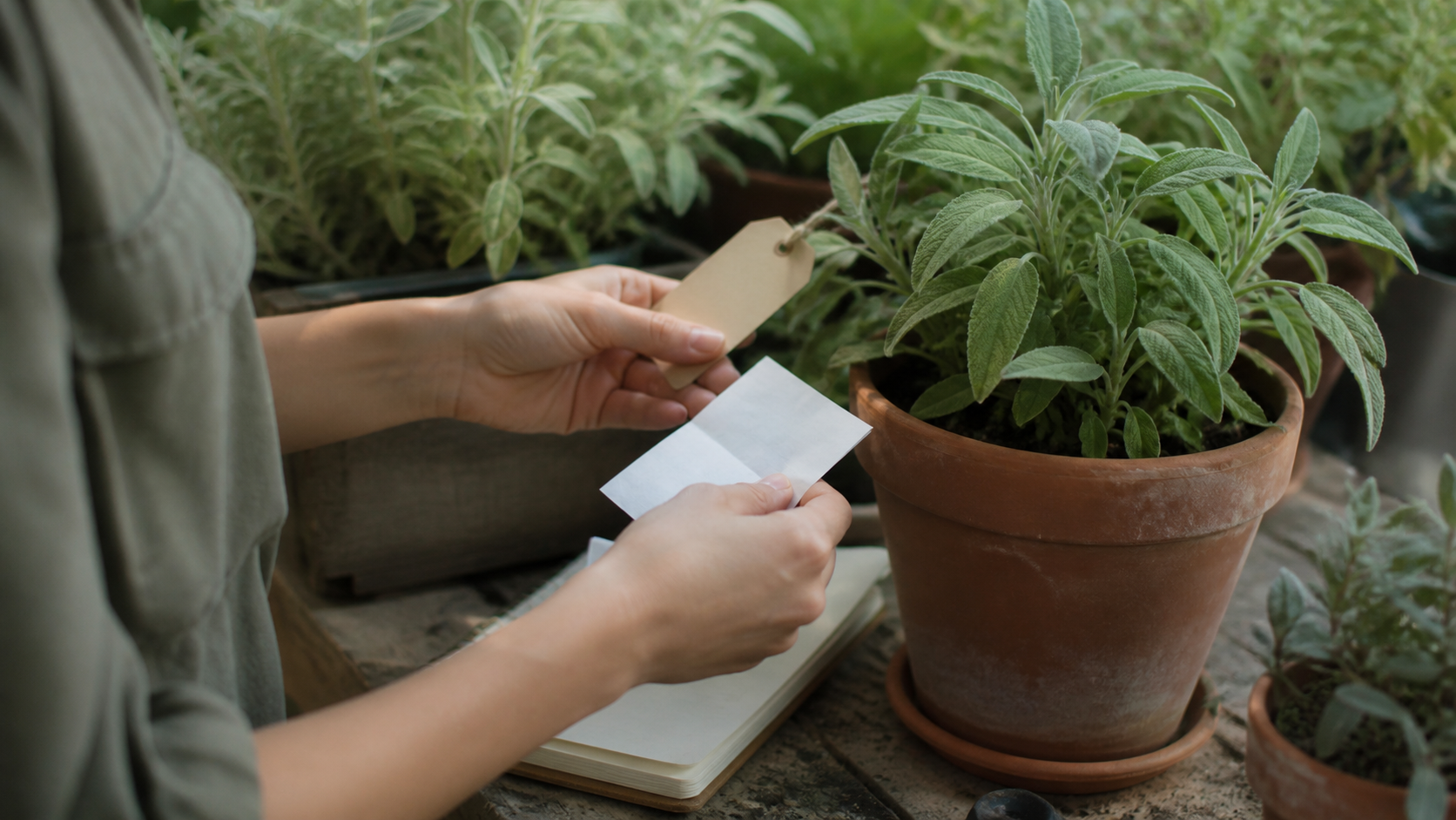 Mãos conferindo etiqueta e comprovante de origem de uma planta