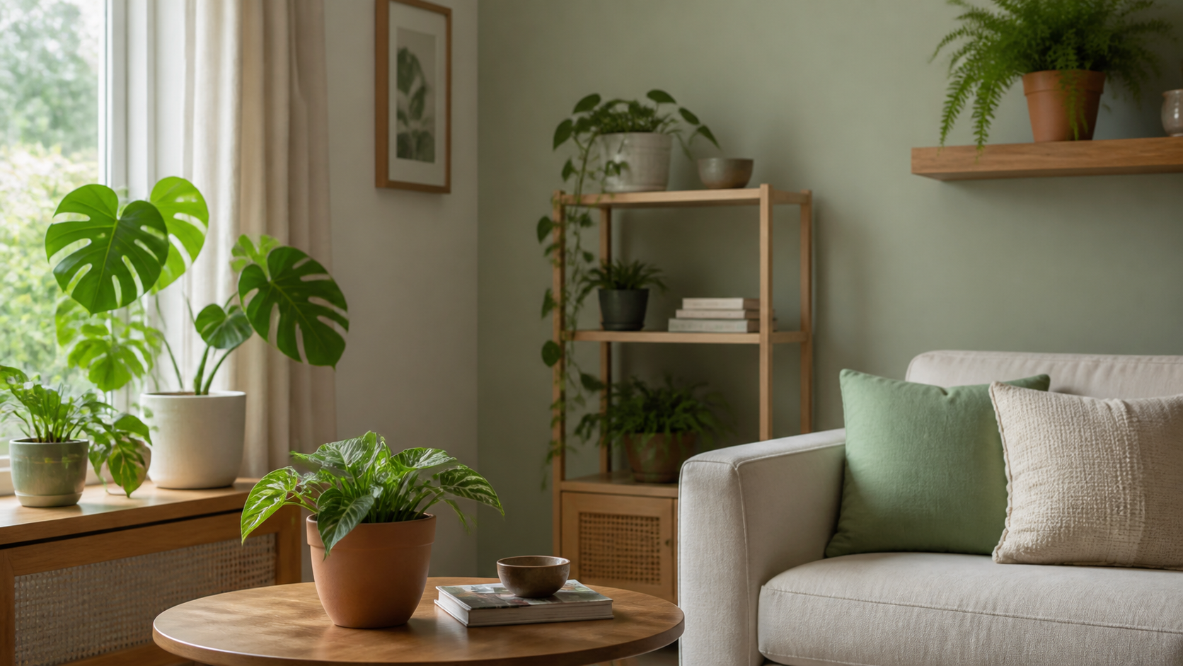 Sala decorada com plantas e móveis em tons naturais