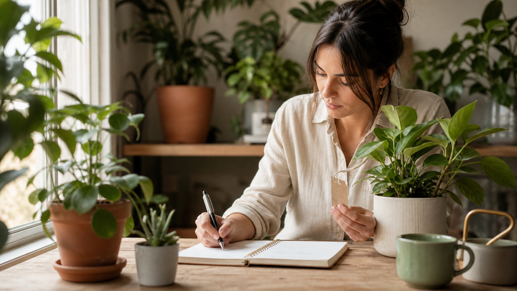 Pessoa conferindo a etiqueta de uma planta e anotando informações