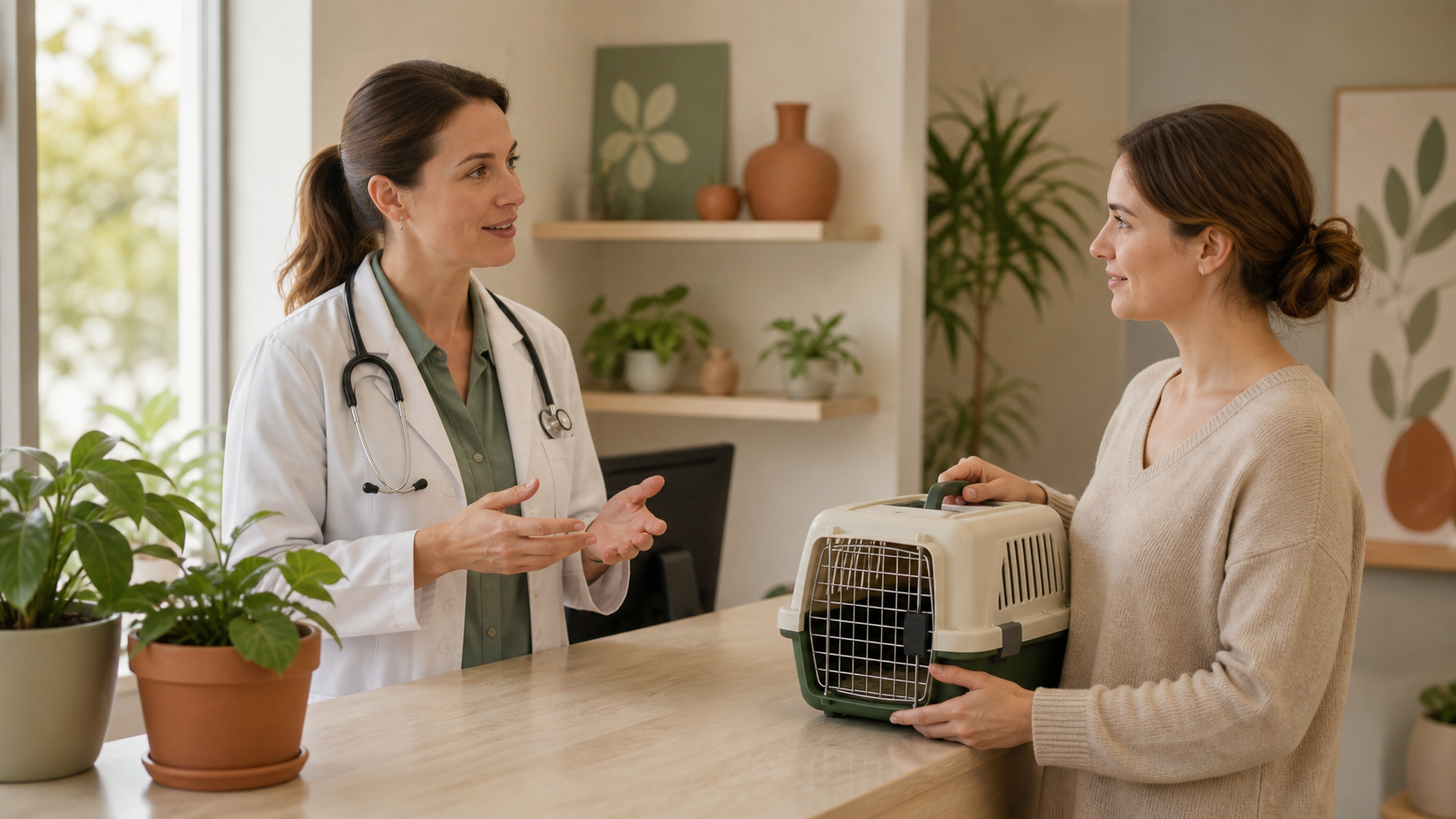 Pessoa com caixa de transporte conversando com uma veterinária